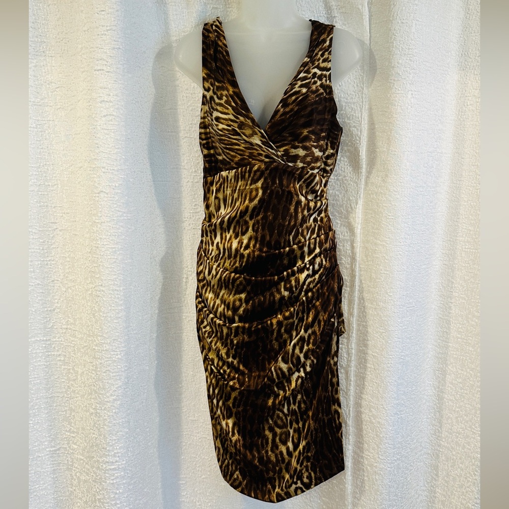 Gorgeous Vintage Cache V-Neck Dress 10 Leopard Animal Ruched Side - Picture 9 of 13